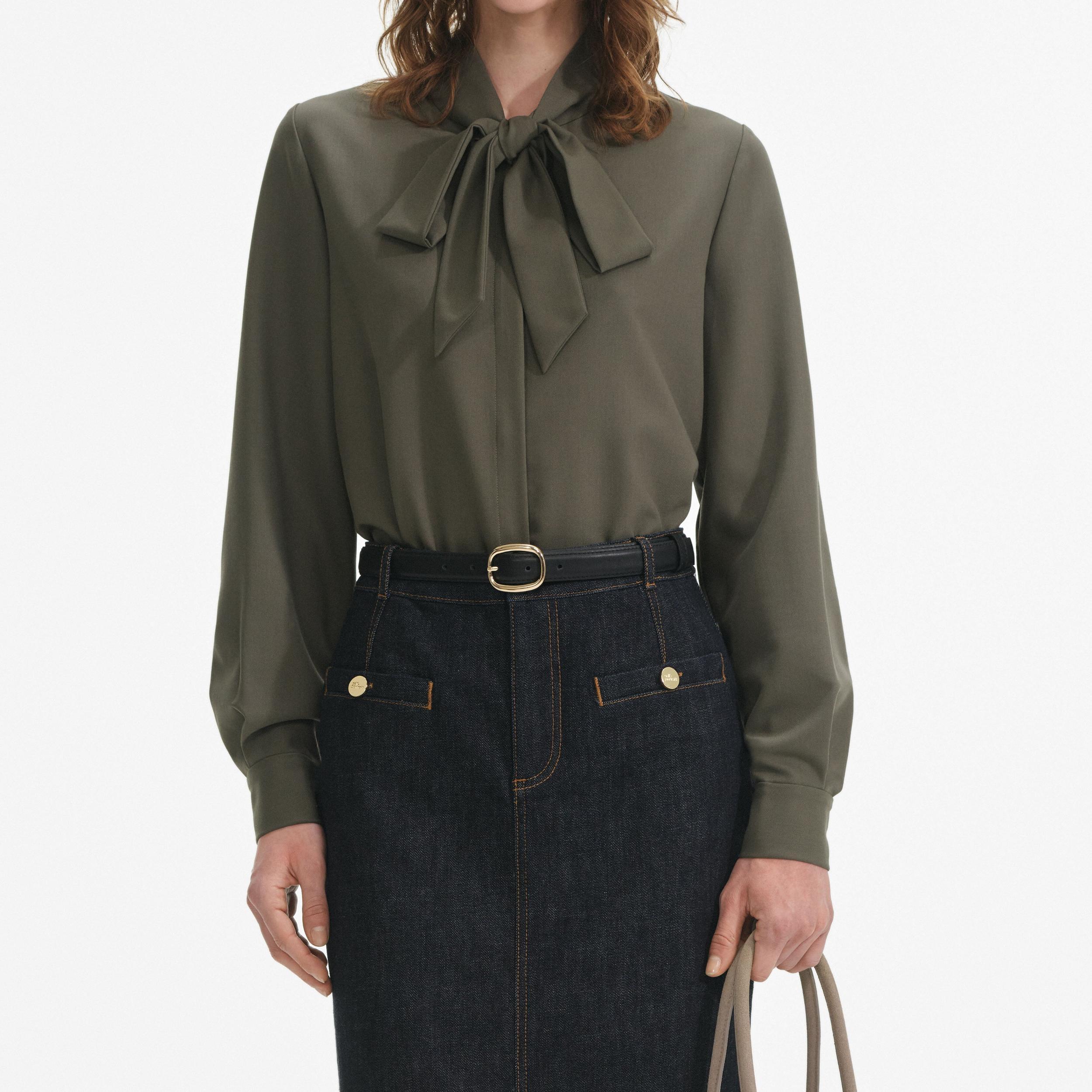 Khaki Twill Pussy Bow Blouse Product Image