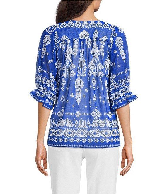 Calessa Petite Size Mesh Knit Border Henna Printed Square Neck Elbow Sleeve Tunic Product Image