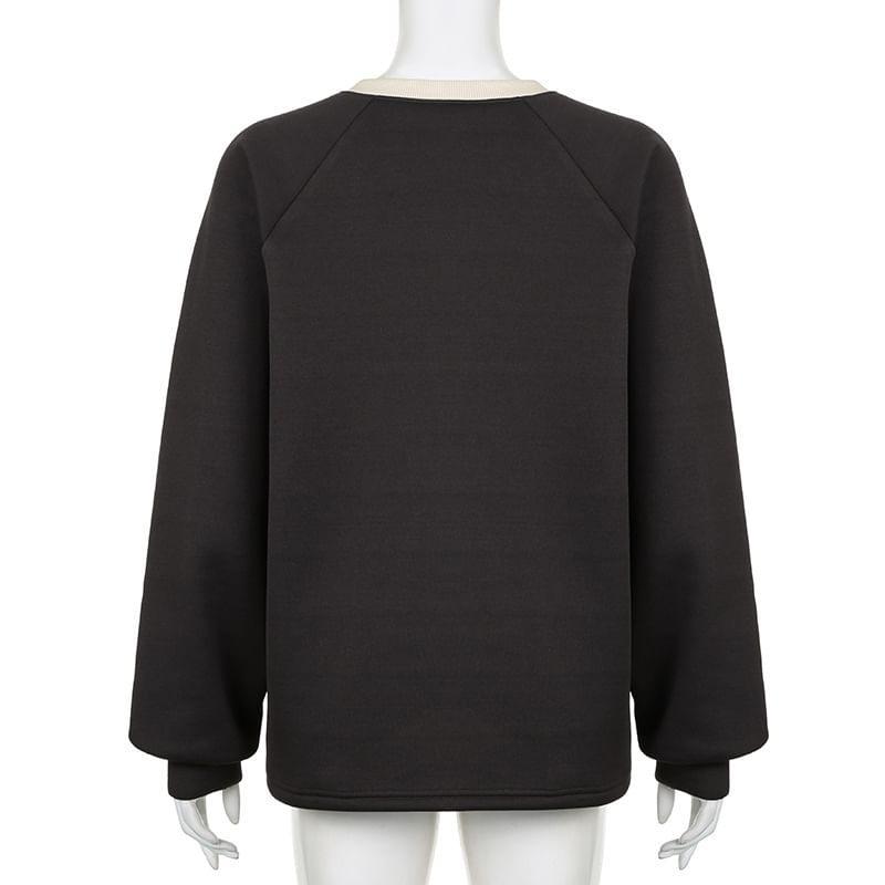 Crew Neck Lettering Print Raglan Fleece-Lined Sweatshirt Product Image