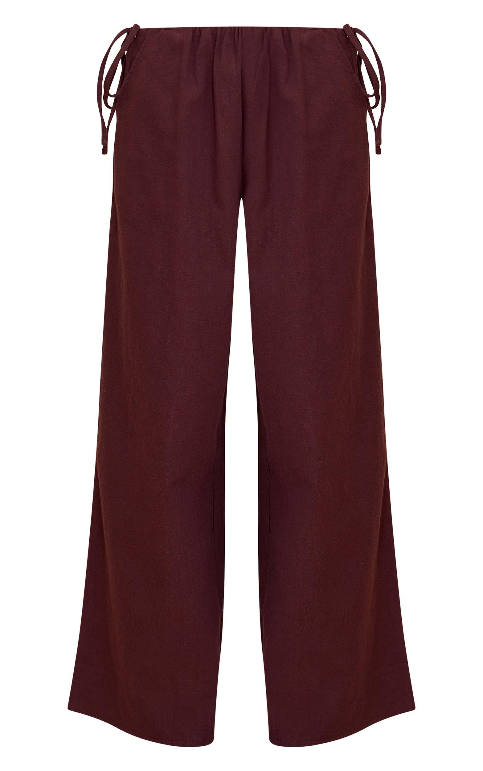 Deep Chocolate Premium Linen Side Tie Detail Wide Leg Pants Product Image