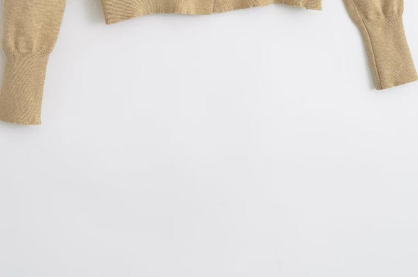 Set: Round Neck Plain Cardigan + High Waist Knit Shorts Product Image