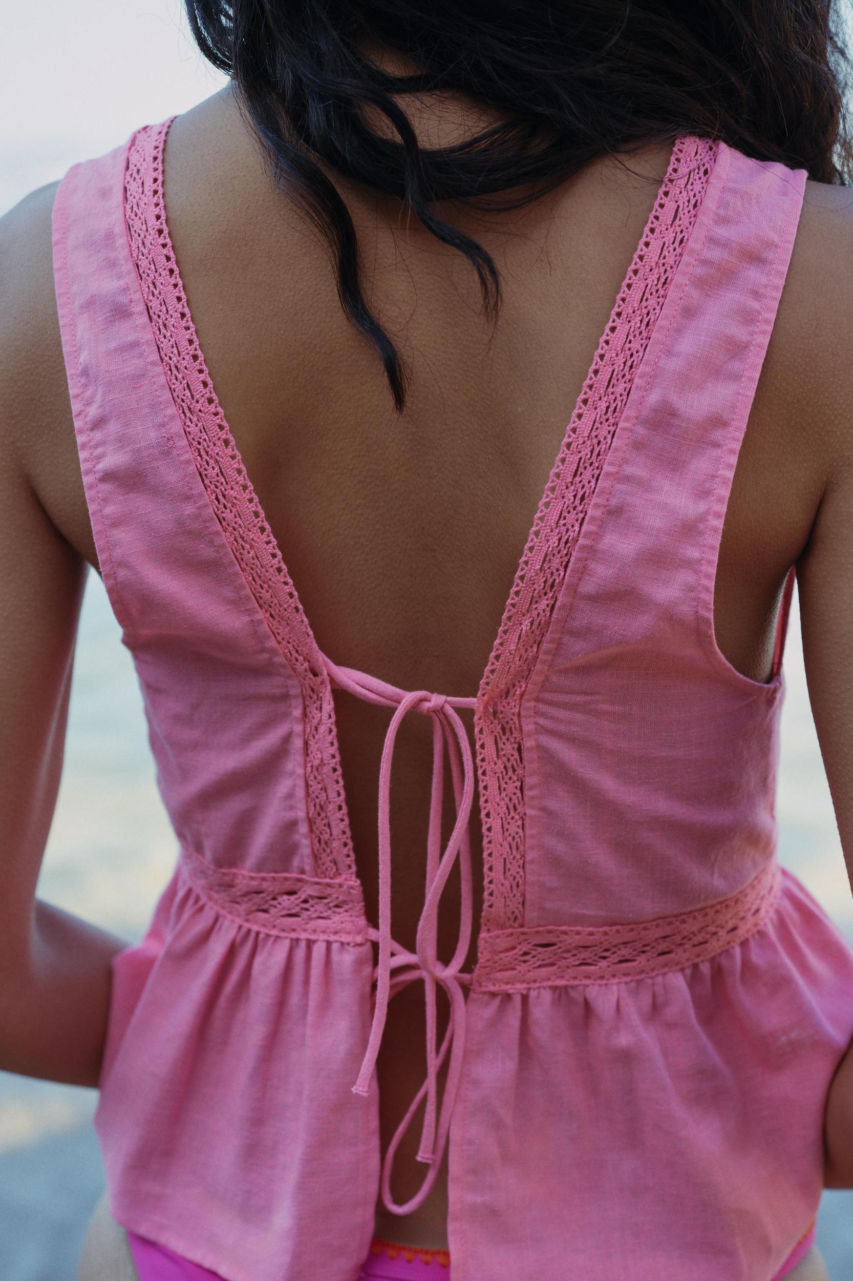 LINEN BLEND LACE INSERT TOP Product Image