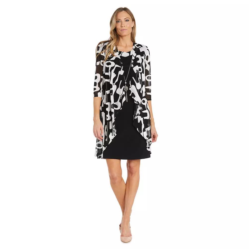 Women's R&M Richards 2-Piece Mesh & Jersey Jacket & Dress Set with Necklace, Size: 6, Black White Product Image