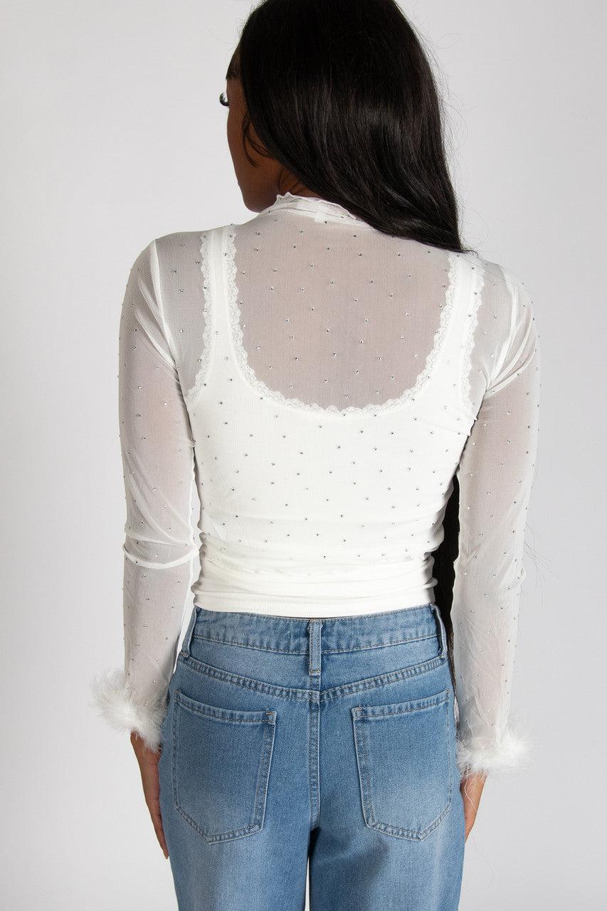 Long Sleeve Fur Trim Rhinestone Mesh Top Product Image