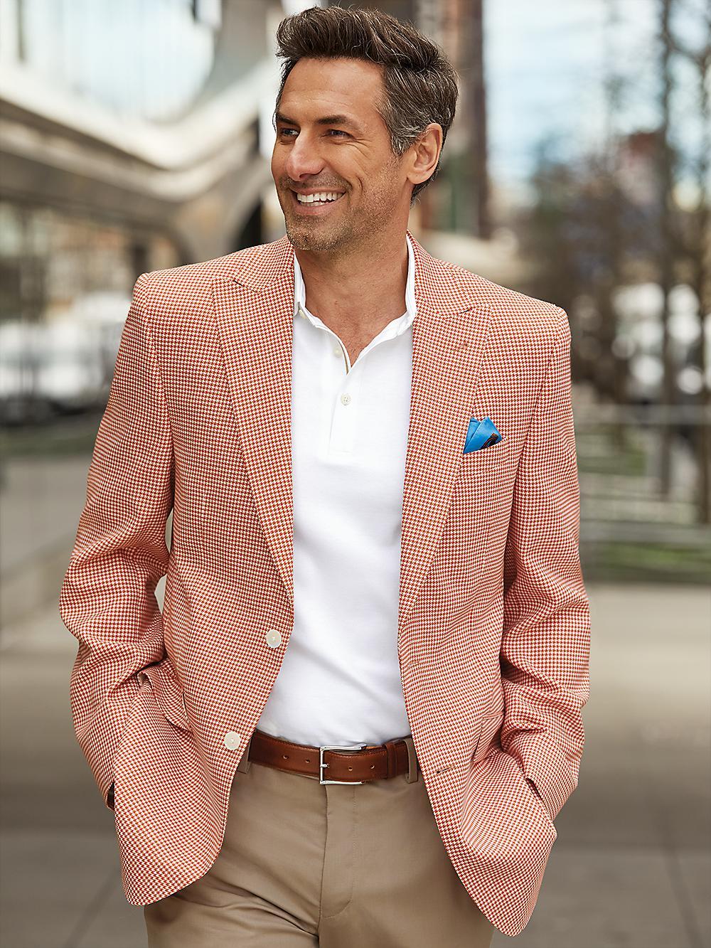 Wool Houndstooth Single Breasted Peak Lapel Sport Coat - Melon Product Image