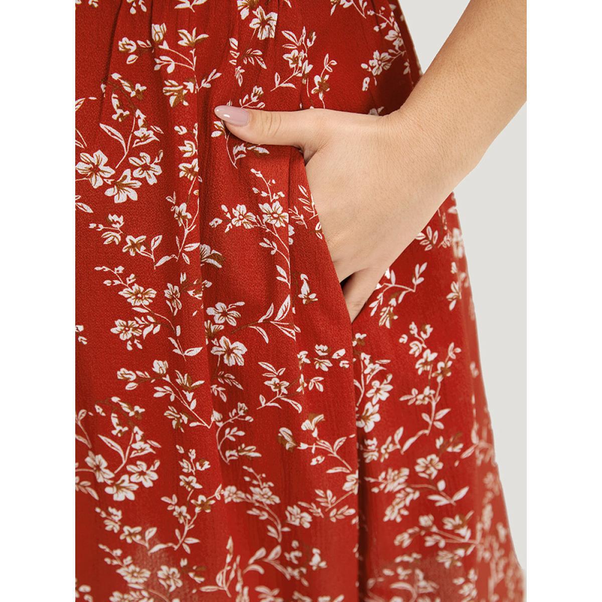 Plus Size Floral Print Square Neck Ruched Ruffles Drawstring Dress Red Women Elegant Drawstring Square Neck Short sleeve Curvy Midi Dress BloomChic 18-20/2X Product Image