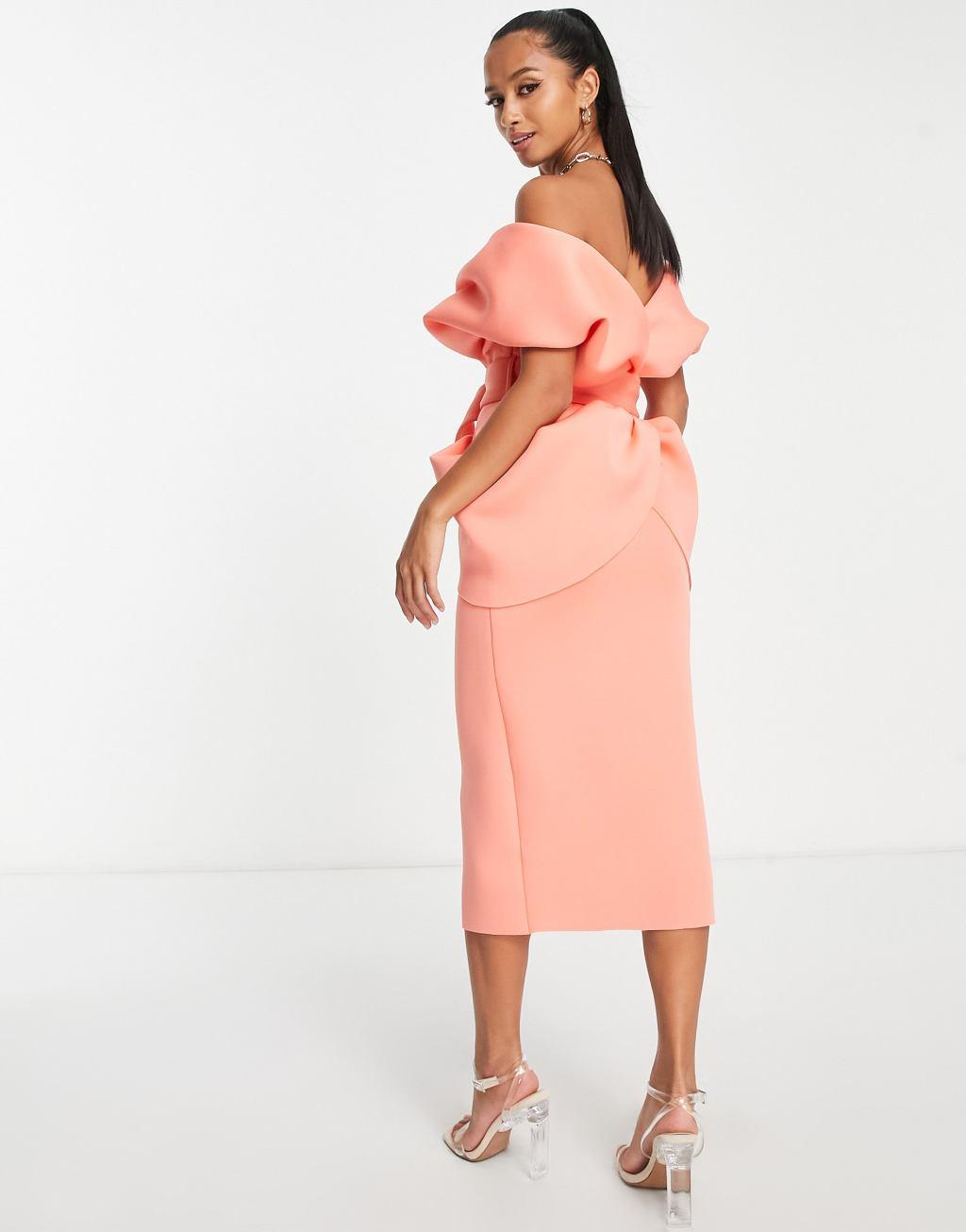 ASOS DESIGN Petite drape shoulder belted midi dress in pink Product Image