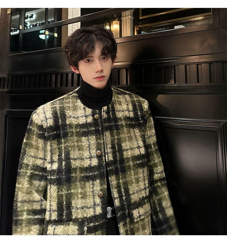 U-Neck Plaid Button-Up Jacket Product Image