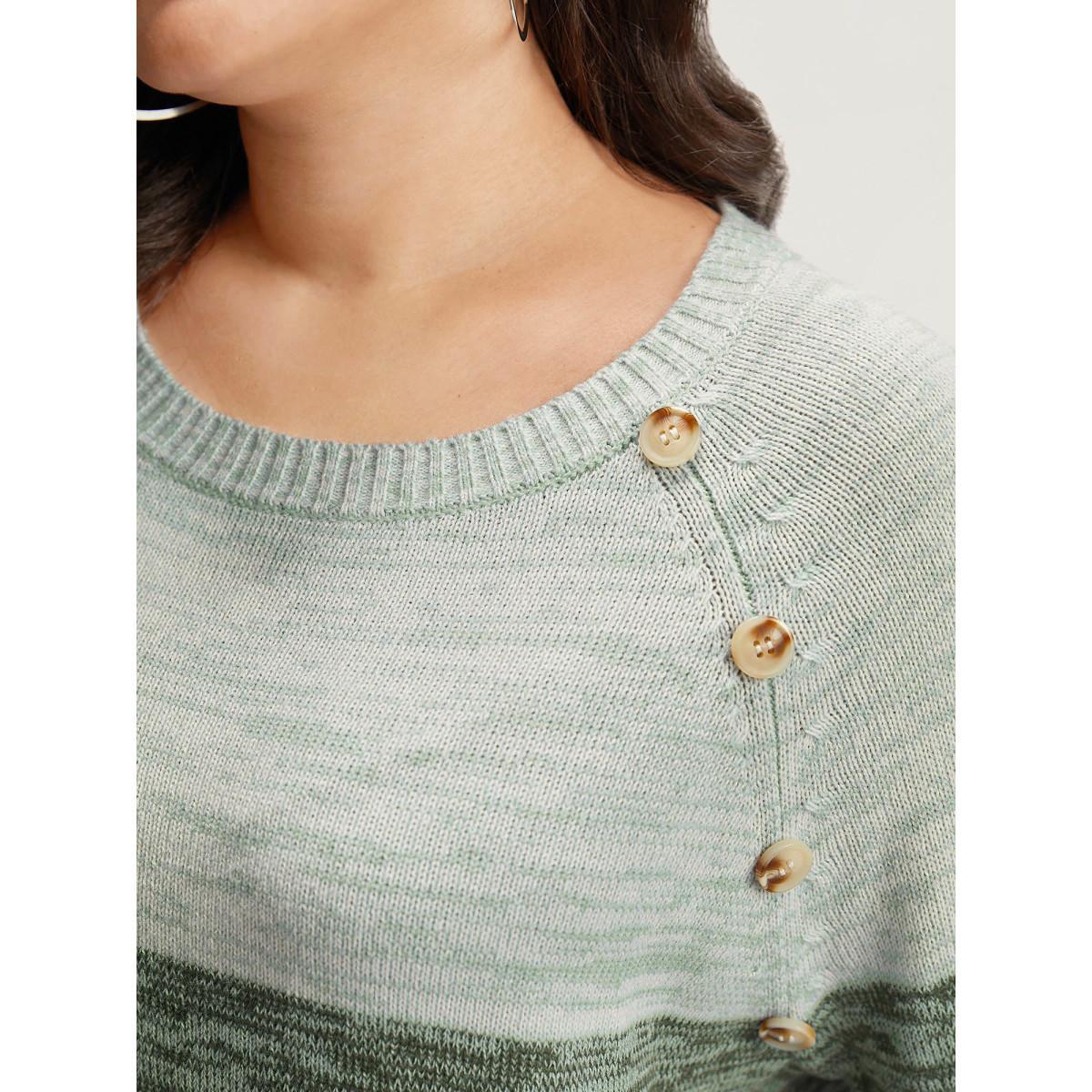 Plus Size Colorblock Contrast Heather Button Detail Pullover DarkGreen Women Casual Long Sleeve Round Neck Everyday Pullovers BloomChic 22-24/3X Product Image