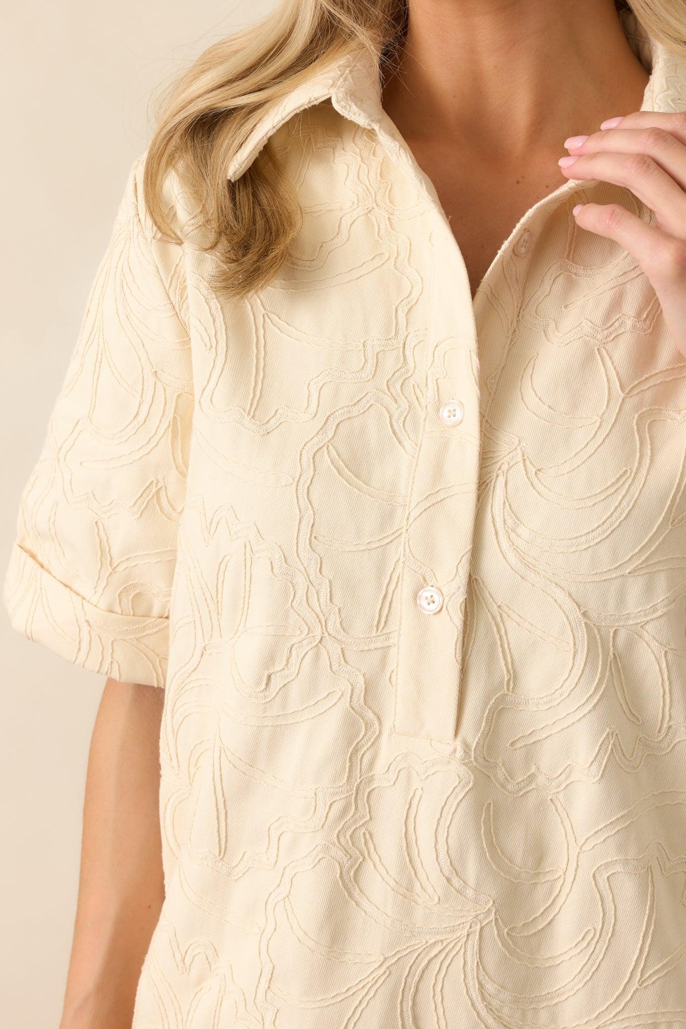 Purposefully Subtle Ivory Floral Embroidered Cotton Denim Mini Dress Product Image