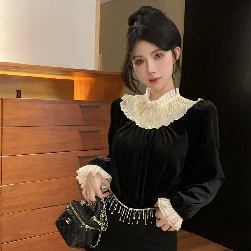 Long Sleeve Ruffle Mock Neck Two Tone Velvet Blouse Product Image