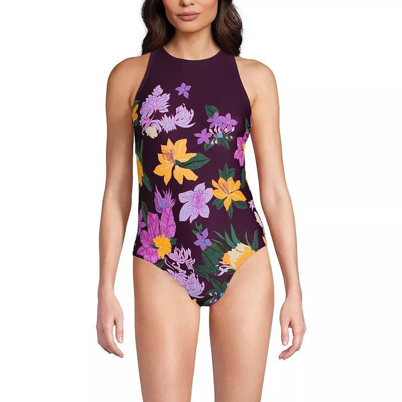 Women's Lands' End DD-Cup Tugless High Neck Portrait Back One-Piece Swimsuit, Size: 4, Navy White Stripe Product Image