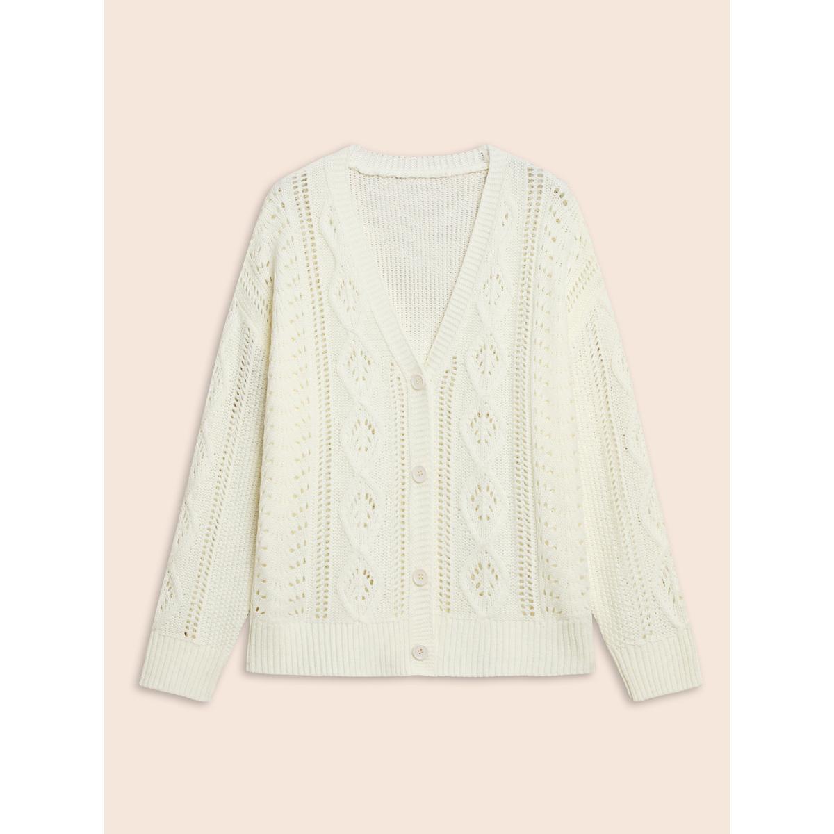 Plus Size Solid Hollow Out Button Up Cardigan Apricot Women Casual Loose Long Sleeve Everyday Cardigans BloomChic 28/5X Product Image