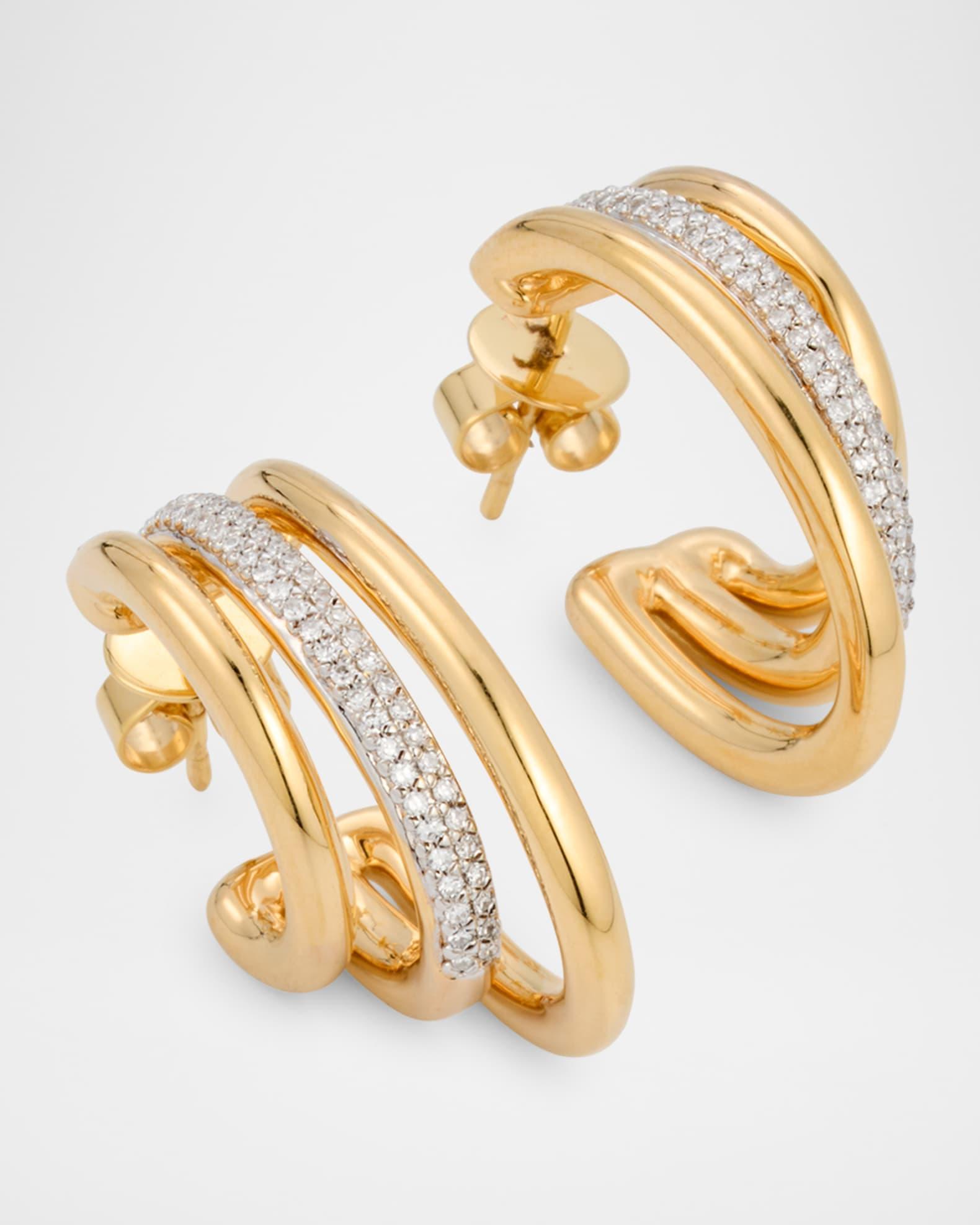 14K Yellow Gold Triple Diamond Oval Hoop Earrings Product Image