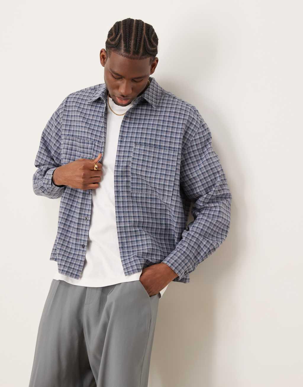 ASOS DESIGN oversized boxy flannel shirt in blue check Product Image