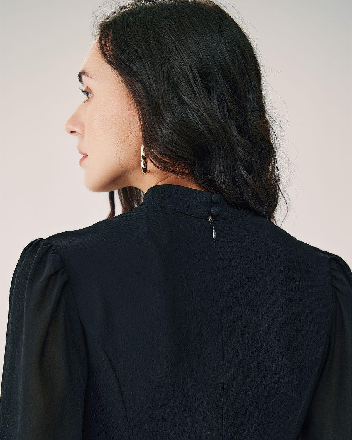 Black Sheer Turtleneck Flowy Midi Dress Product Image