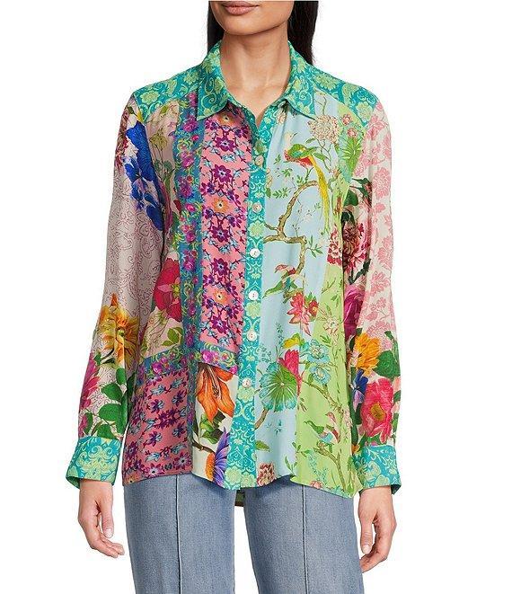 John Mark Floral Print Patch Point Collar Long Roll-Tab Sleeve Button-Front Blouse Product Image