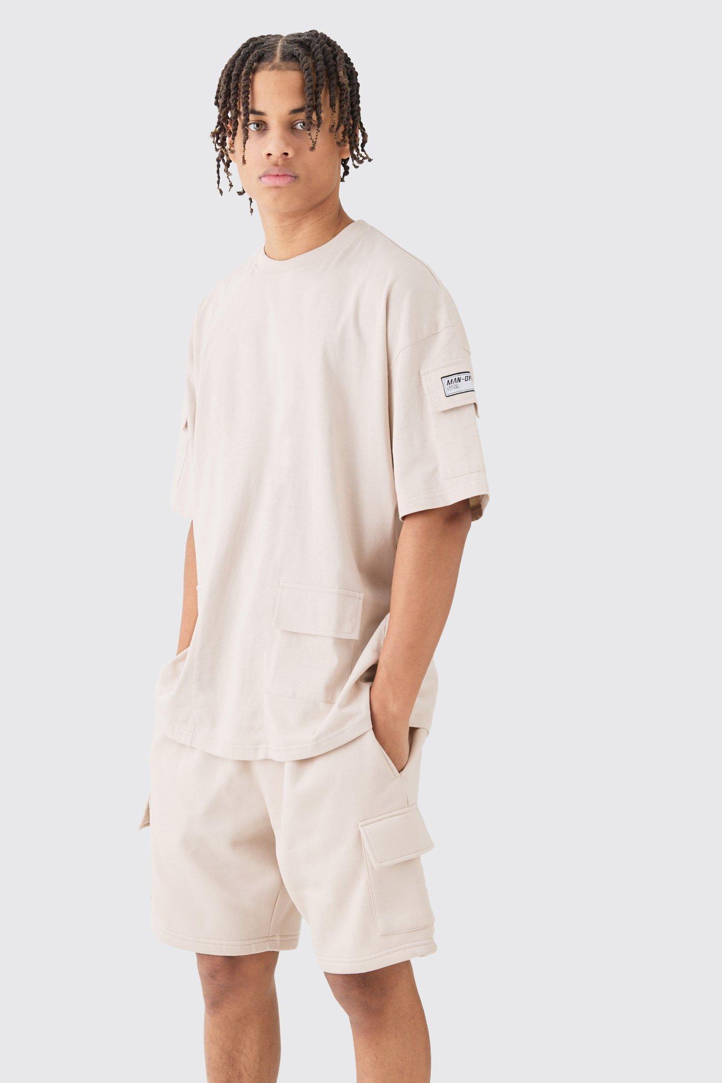 Mens Oversized Cargo T-shirt And Short Set - Beige Product Image