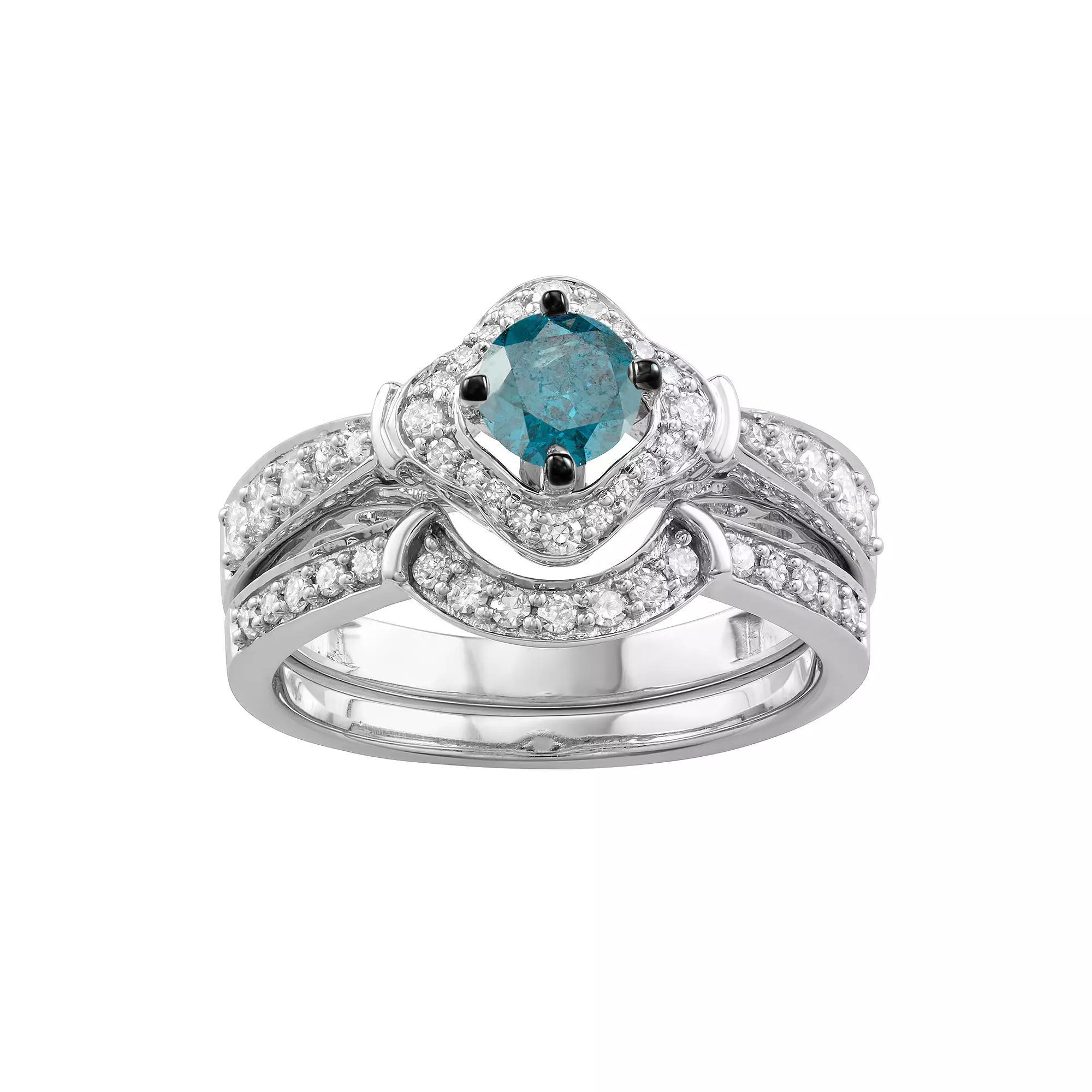 14k White Gold 1 Carat T.W. Blue & White Diamond Engagement Ring Set, Women's, Size: 6, 14k Whgold Product Image