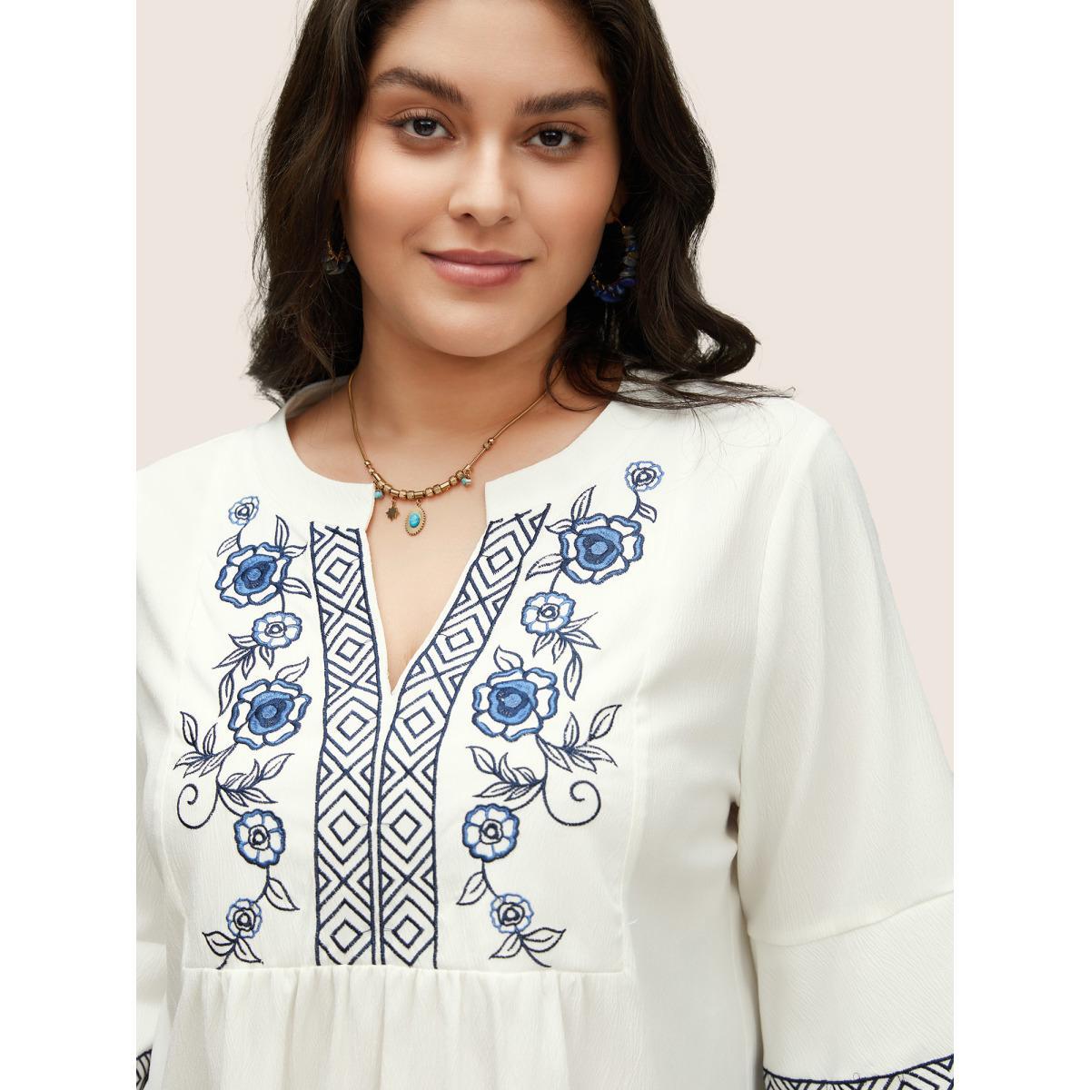 Plus Size Ivory Boho Print Embroidered Gathered Notched Blouse Women Resort Half Sleeve Flat collar with V-notch Vacation Blouses BloomChic 18-20/2X Product Image