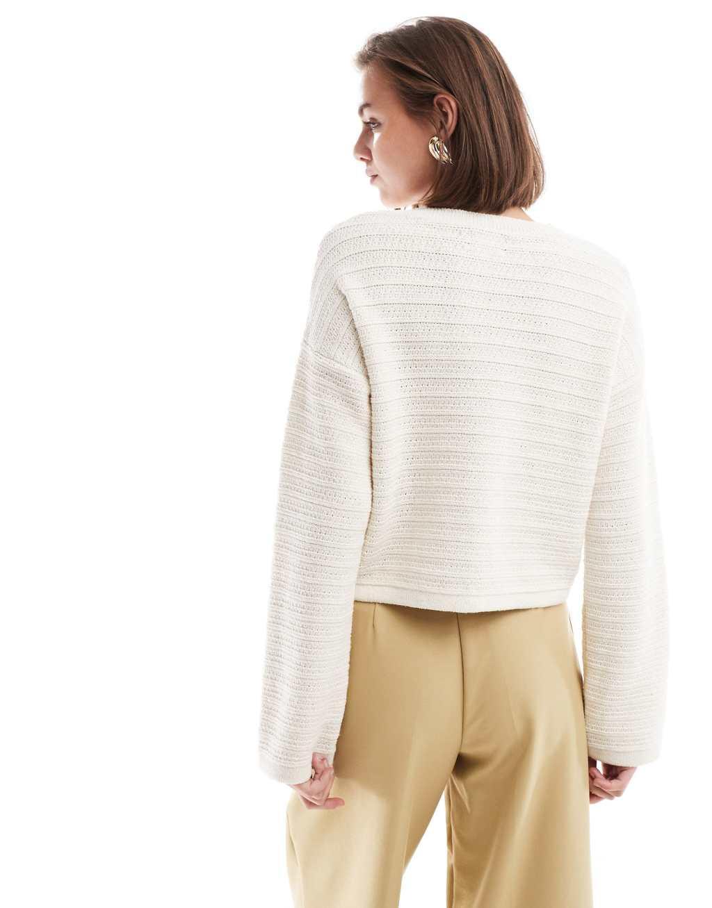 ASOS DESIGN knit crew neck cardigan in textured stitch with gold buttons in dream Product Image
