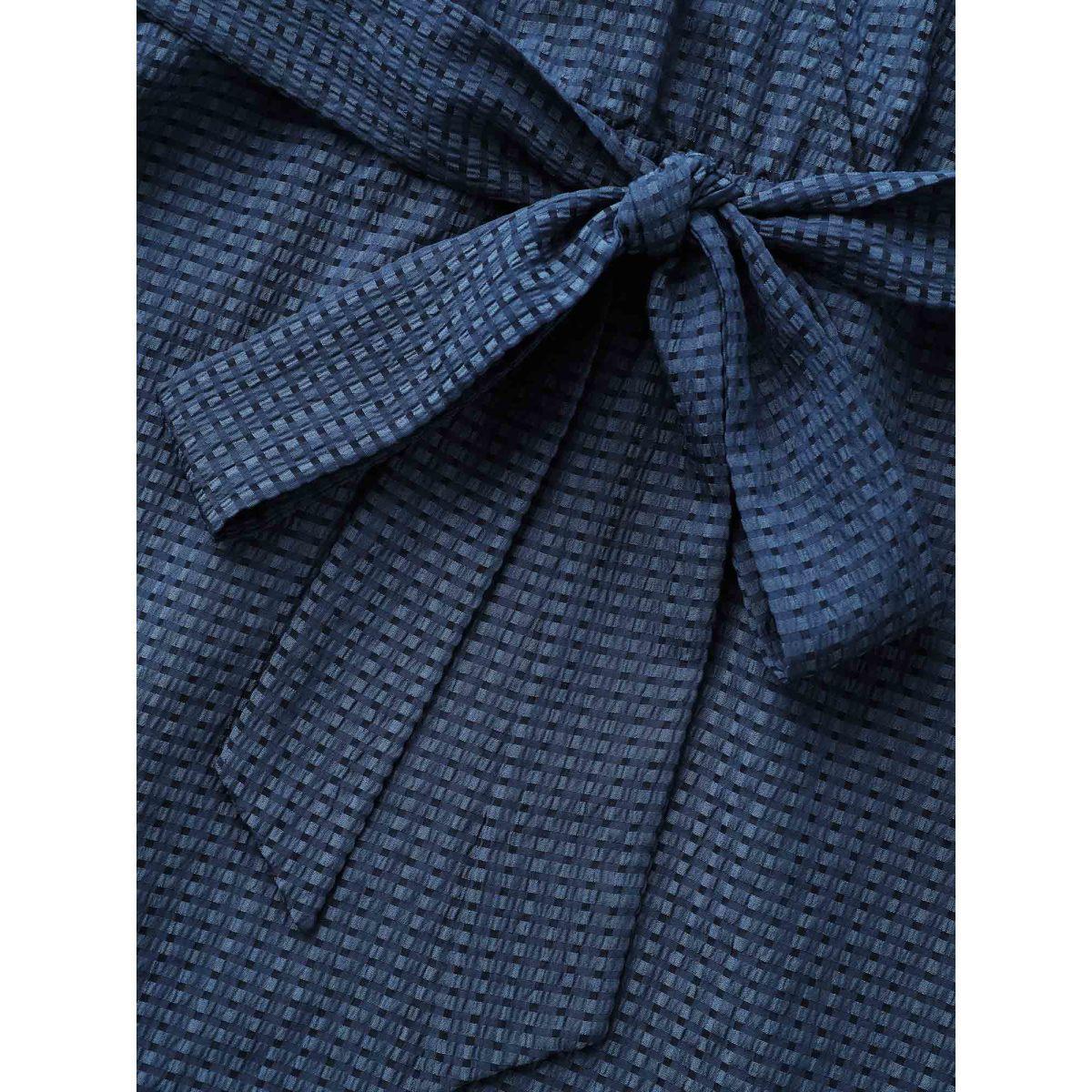Plus Size Overlap Collar Plain Textured Midi Dress DarkBlue Women Elegant Texture Overlap Collar Long Sleeve Curvy BloomChic 12/L Product Image