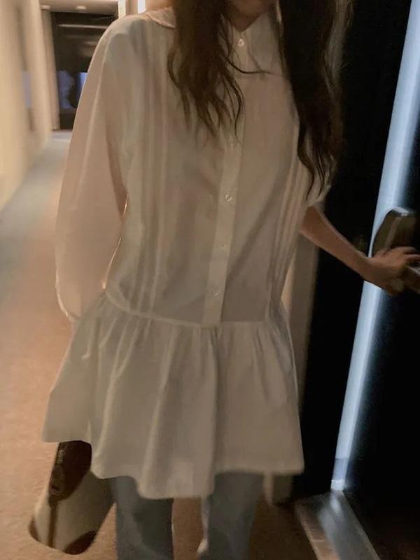 A-Line Long Sleeves Buttoned Pleated Solid Color Lapel Mini Dresses Shirt Dress Product Image