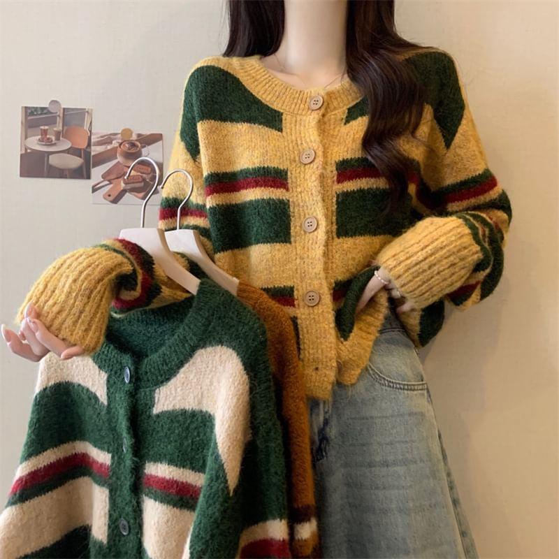 Crewneck Striped Button-Up Cardigan Product Image