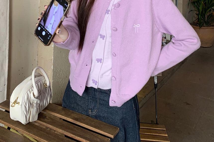 Round Neck Two Tone Bow Embroidered Mock Two-Piece Cardigan Product Image