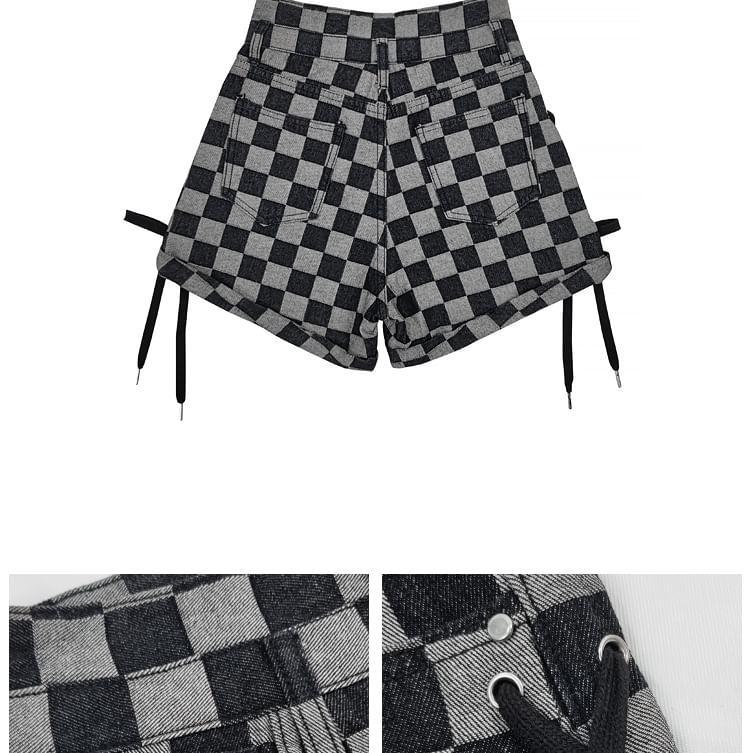 High Waist Checkerboard Lace-Up Denim Wide Leg Shorts Product Image