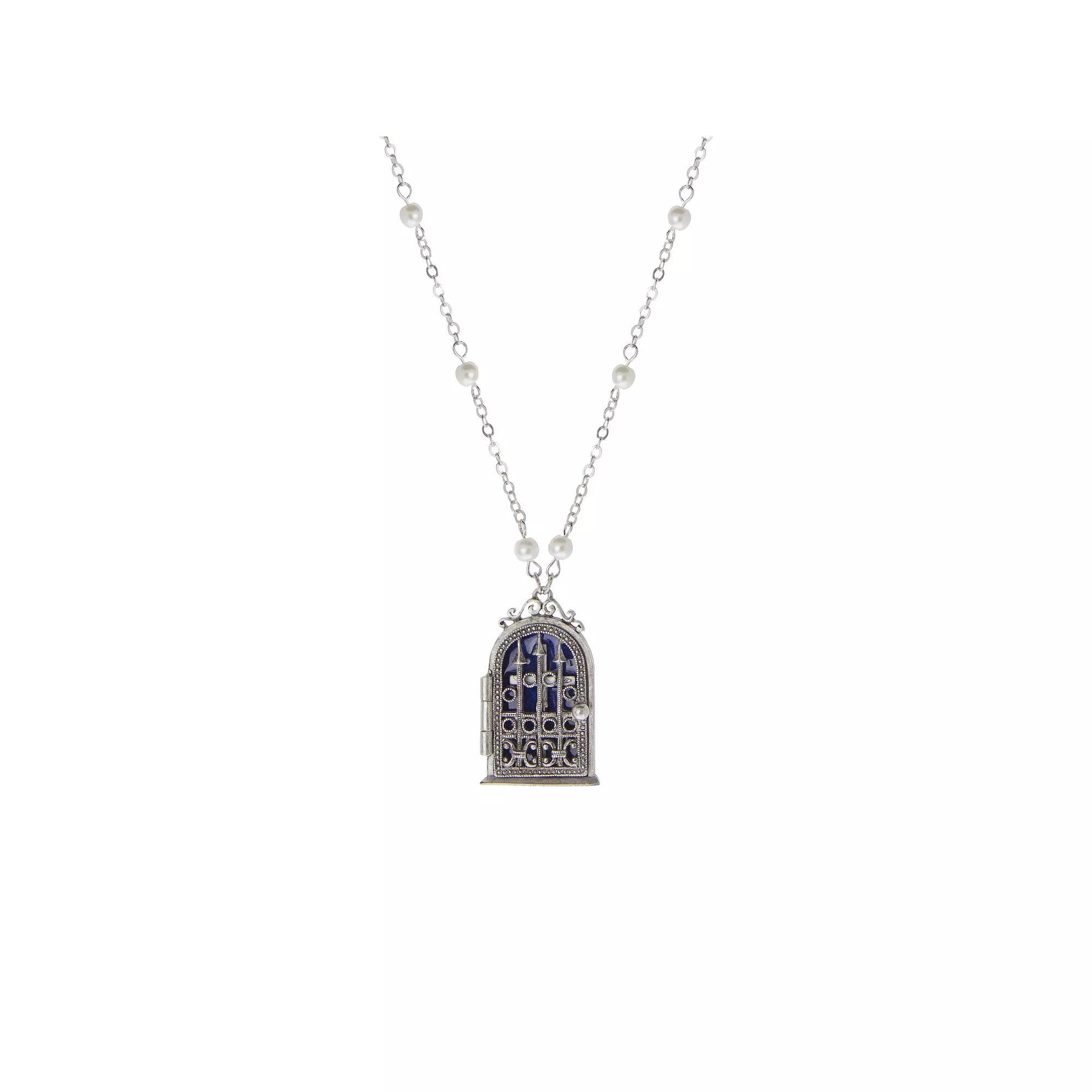 Symbols of Faith Silver Tone Blue Enamel Cross House Locket Simulated Pearl Necklace, Womens Product Image