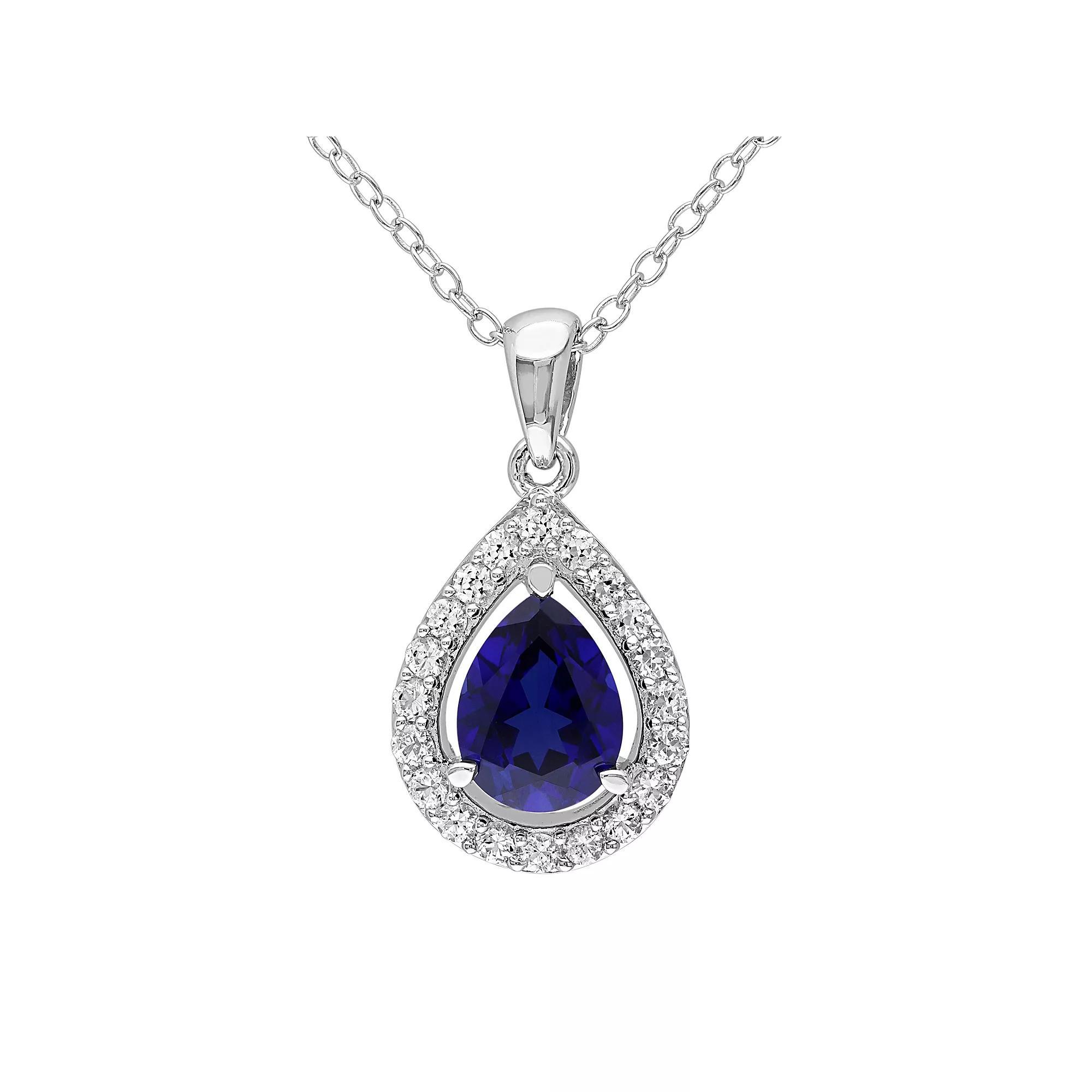Stella Grace Lab-Created Blue Sapphire & Lab-Created White Sapphire Sterling Silver Teardrop Halo Pendant Necklace, Womens Product Image