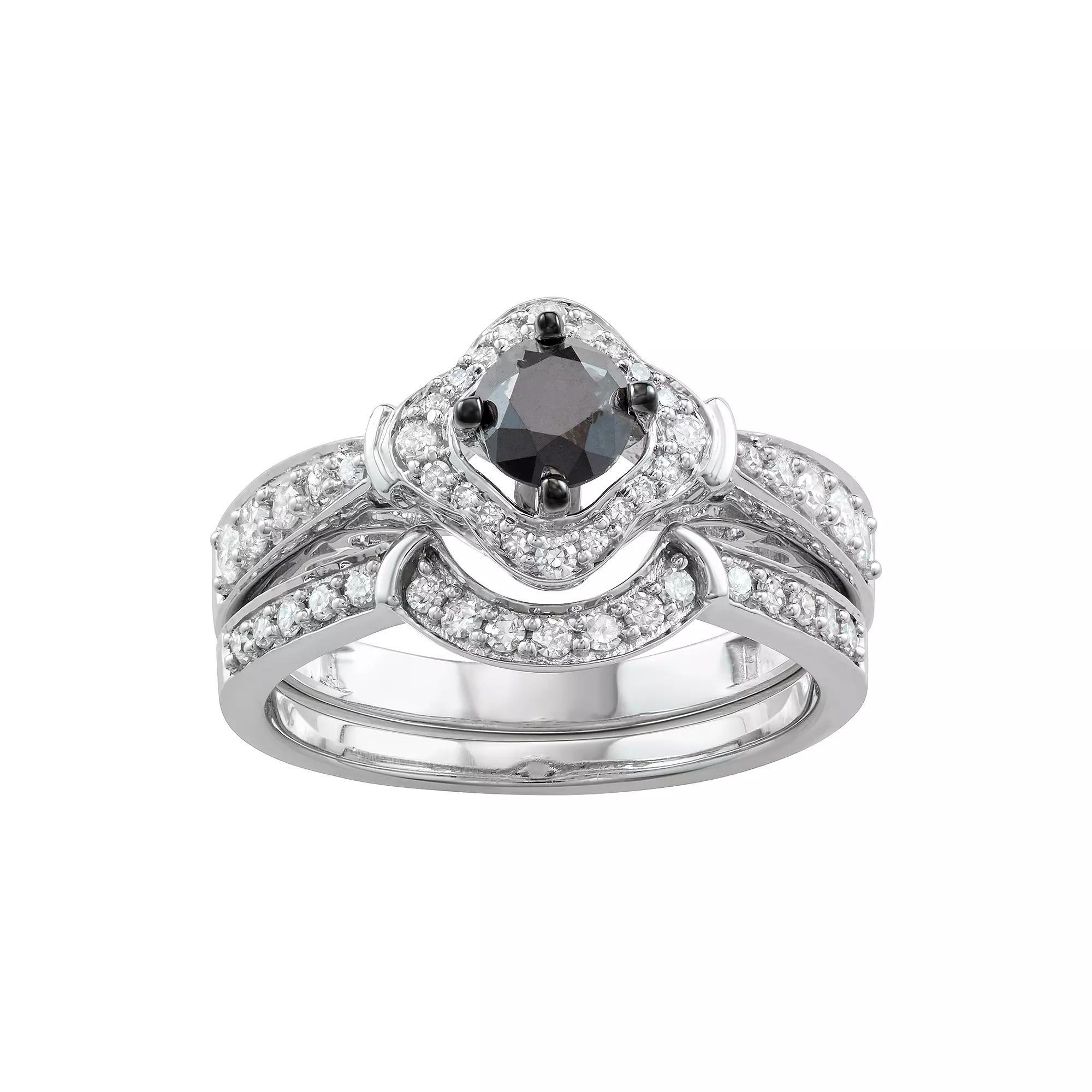 14k White Gold 1 Carat T.W. Black & White Diamond Engagement Ring Set, Women's, Size: 6, 14k Whgold Product Image