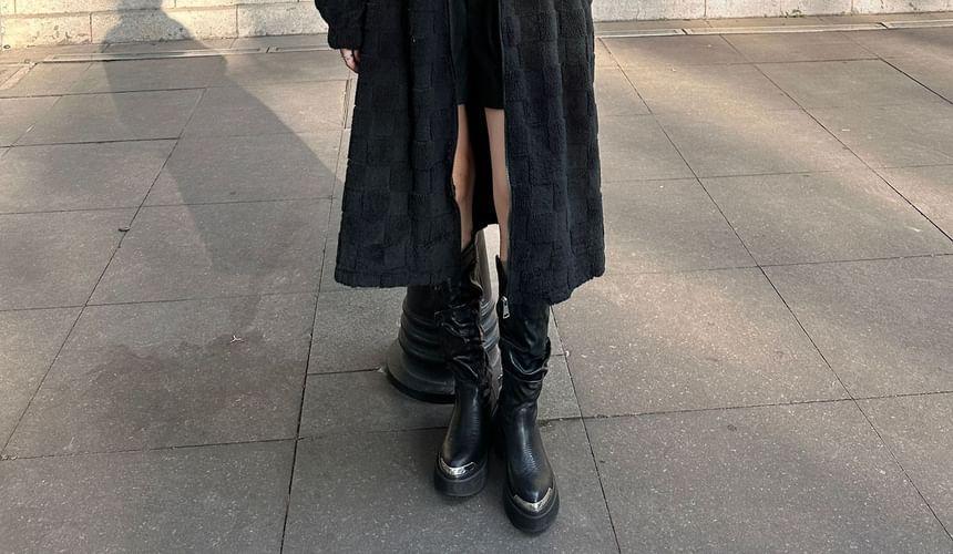 Stand Collar Plain Fleece Midi Zip Coat Product Image