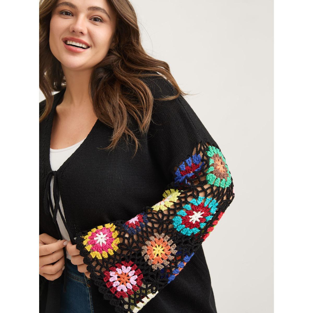 Plus Size Crochet Floral Tie Cut-Out Cardigan Black Women Loose Long Sleeve Everyday-Casual Cardigans BloomChic 12/L Product Image