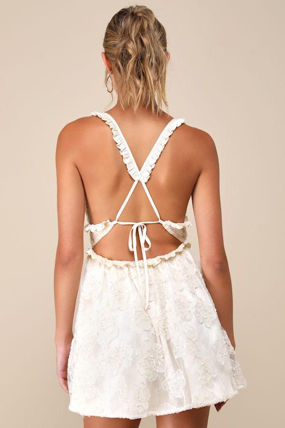 Delightfully Precious Cream Mesh Embroidered Ruffled Mini Dress Product Image