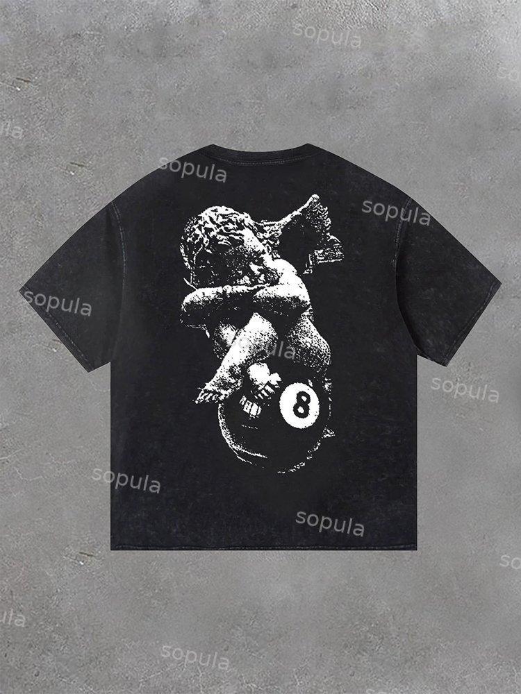 Retro Angel Print No 8 Acid Washed Short Sleeve T-Shirt Product Image