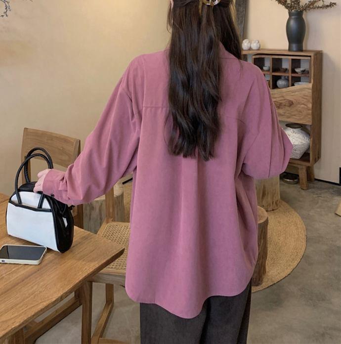 Long-Sleeve Plain Pocket Detail Corduroy Shirt Product Image