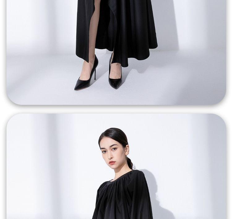 Long-Sleeve Round Neck Plain Ruched Tie Back Oversized Blouse Product Image