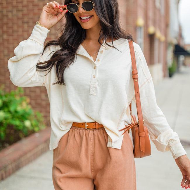 Like Me Again Cream Contrast Stitch Henley FINAL SALE Product Image