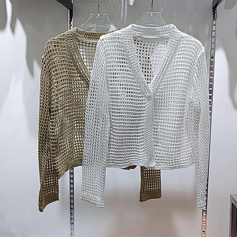 V-Neck Plain Pointelle Cropped Cardigan Product Image