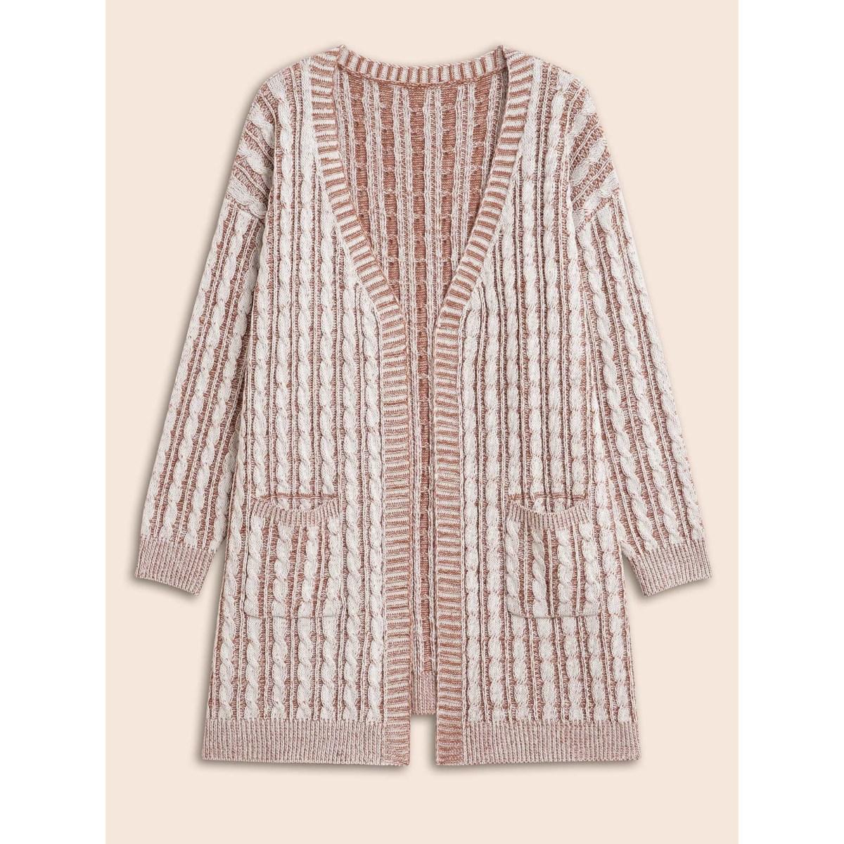 Plus Size Texture Cable Knit Patch Pocket Cardigan Browncoffeecolor Women Casual Loose Long Sleeve Everyday Cardigans BloomChic 12/L Product Image