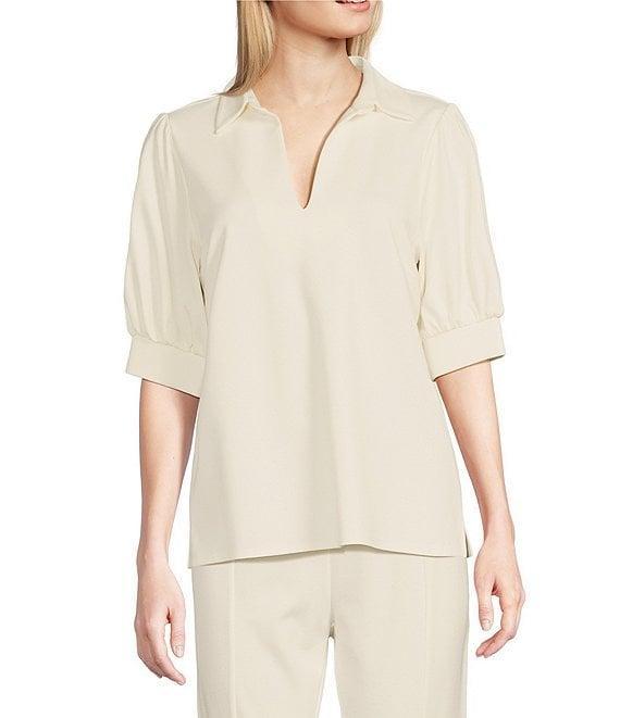 Jude Connally Katia Ponte Knit Split V-Neck Point Collar Short Sleeve Blouse Product Image