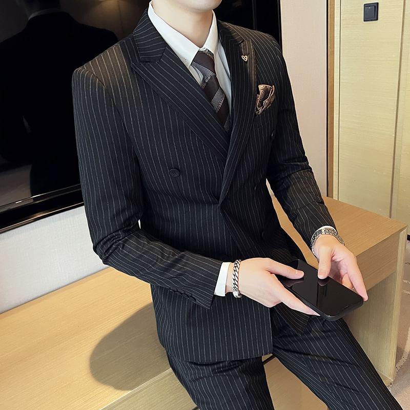 Set: Peak Lapel Striped Double-Breasted Blazer + Mid Rise Cropped Straight Leg Dress Pants + V-Neck Vest Product Image