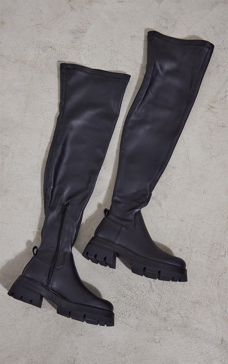 Black PU Chunky Arched Sole Over The Knee Boots Product Image