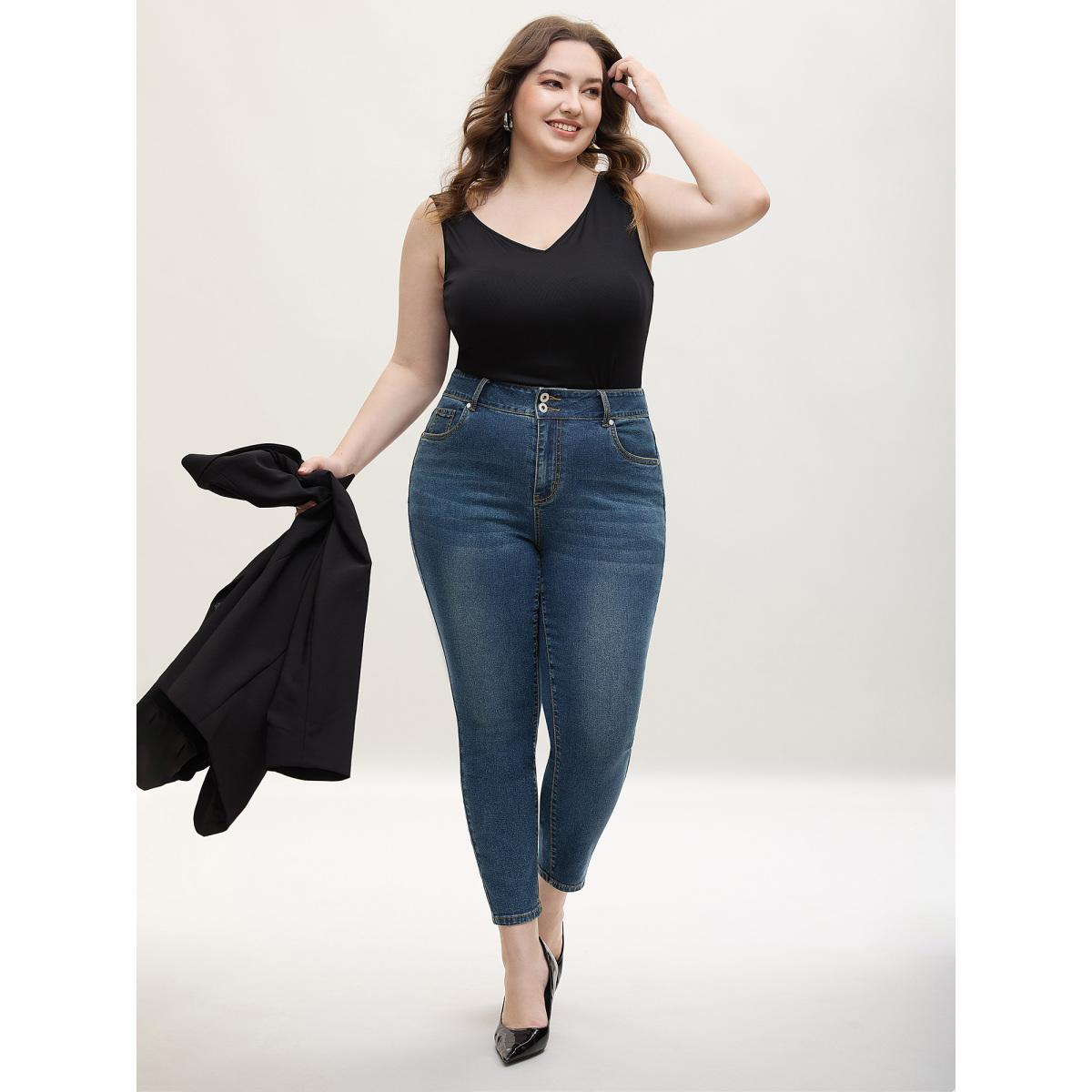 Plus Size Whiskered Wash Mid-Rise Skinny-Fit Jeans Women Denimblue Casual Non High stretch Slanted pocket Jeans BloomChic 10/M Product Image