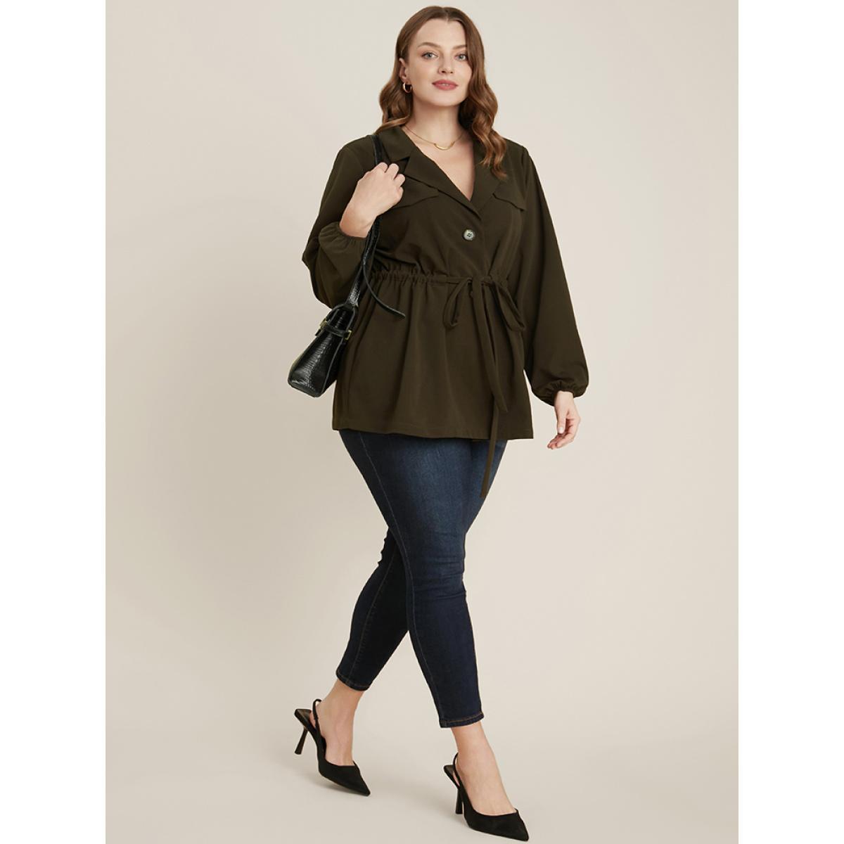Plus Size ArmyGreen Solid Suit Collar Lantern Sleeve Button Up Drawstring Blouse Women Office Long Sleeve Suit Collar Work Blouses BloomChic 28/5X Product Image