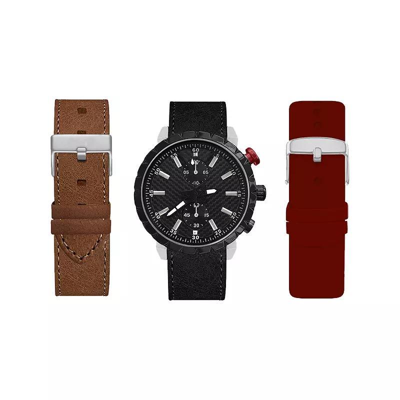 American Exchange Men's Black Watch with Burgundy, Brown & Black Interchangeable Straps, Size: Large, Multi Product Image