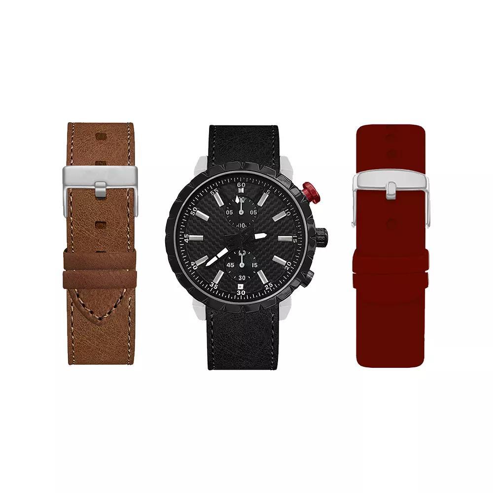 American Exchange Men's Black Watch with Burgundy, Brown & Black Interchangeable Straps, Size: Large, Multi Product Image