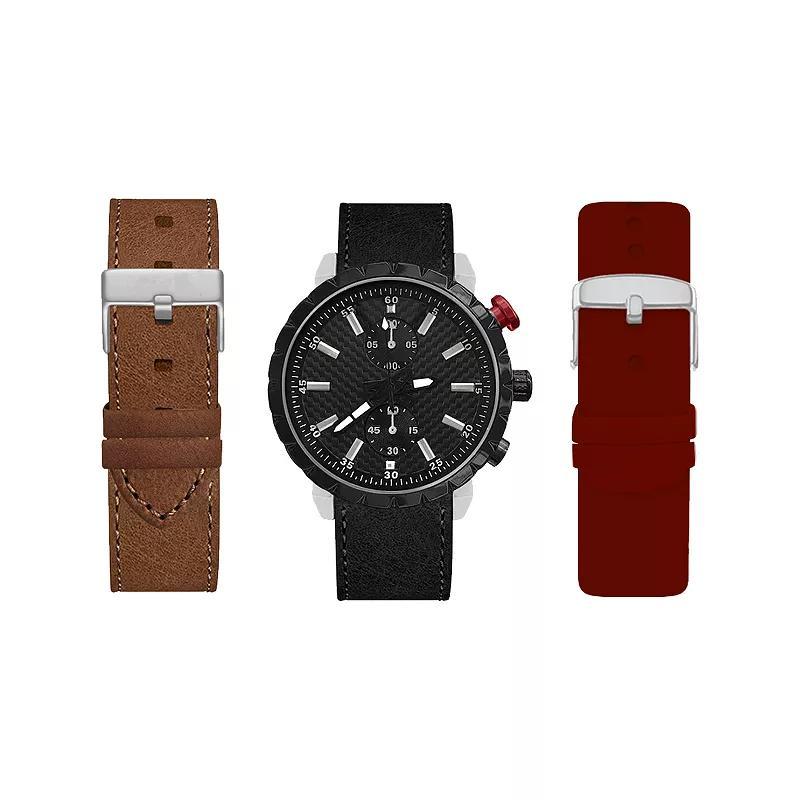American Exchange Men's Black Watch with Burgundy, Brown & Black Interchangeable Straps, Size: Large, Multi Product Image